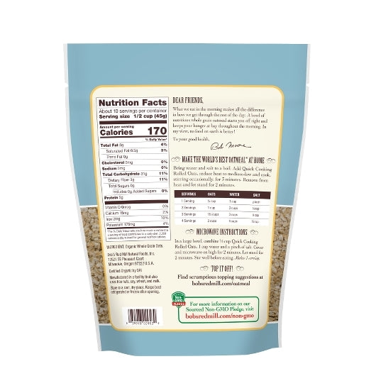 Bob's Red Mill Organic Quick Cooking Rolled Oats, 16 Ounce — 4 Per Case