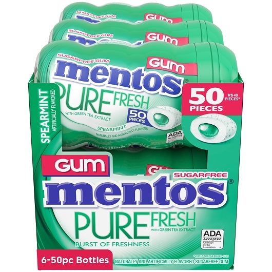 Mentos Sugar Free Pure Fresh Spearmint Curvy Bottle Gum, 50 Piece — 6 Per Case