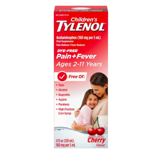 Tylenol Pain + Fever Acetaminophen Dye Free Oral Suspension Cherry, 4 Fluid Ounce — 36 Per Case