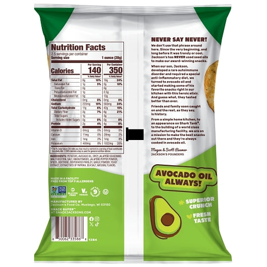 Jackson's Spicy Jalapeno Classic Kettle Potato Chips In Avocado Oil, 2.5 Ounce — 8 Per Case