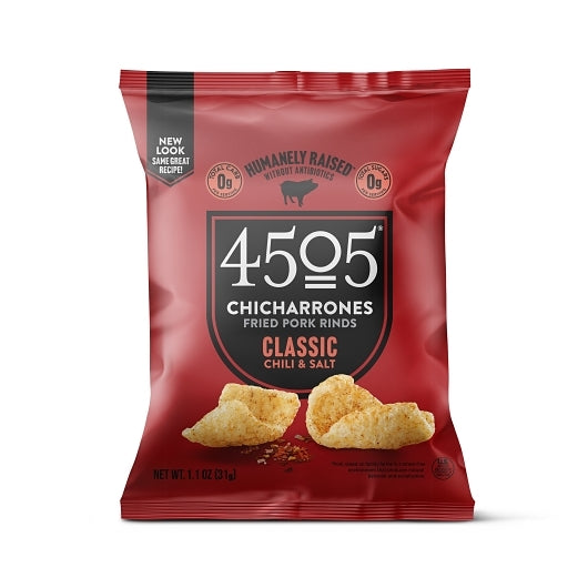 4505 Meats Classic Chili & Salt Chicharrones, 1.1 Ounce — 12 Per Case