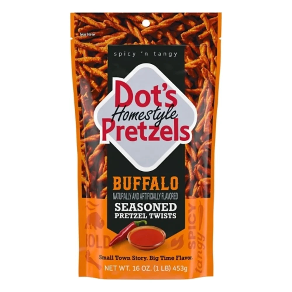 Dot's Homestyle Pretzels Buffalo Flavored Seasoned Pretzel Twists Bag, 16 Ounce — 10 Per Case