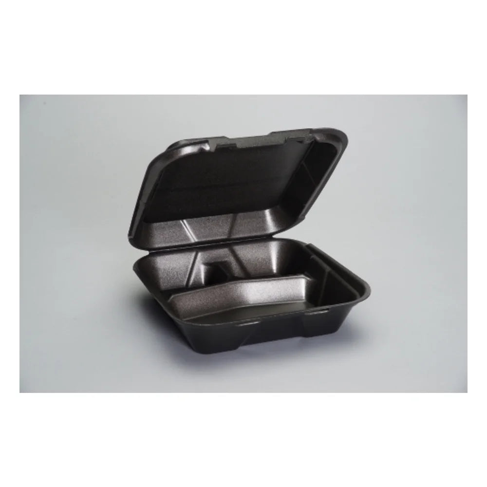 Genpak Black Large 3 Compartment Snap It Foam Hinged Dinner Container, 9.25 Inch X 9.25 Inch X 3 Inch — 200 Per Case