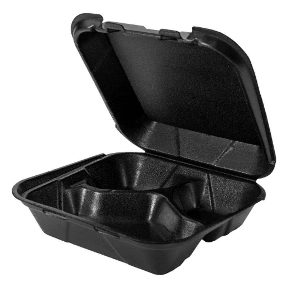 Genpak 8.25 Inch X 8 Inch X 3 Inch Black Medium 3 Compartment Snap It Foam Hinged Dinner Container — 200 Per Case