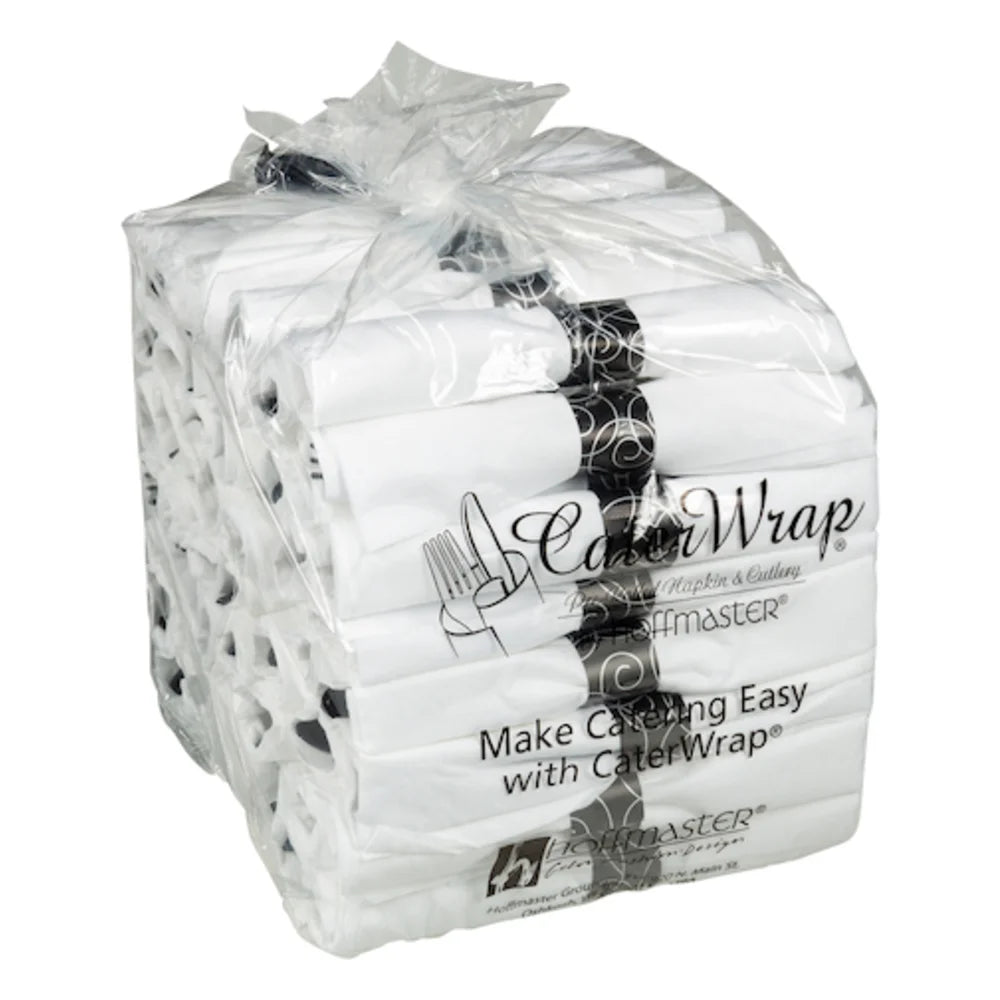 Hoffmaster Caterwrap Pre-Rolled White Napkin Heavy Weight Black Plastic Knife Fork Spoon Black Band, 50 Count — 2 Per Case
