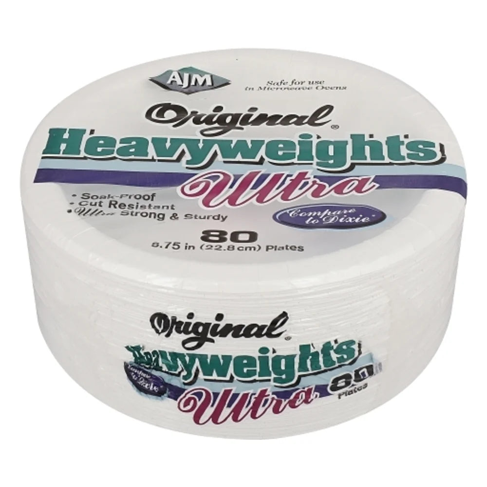 AJM Original Heavy Weight Ultra Paper Plates 9 Inch, 80 Count — 12 Per Case