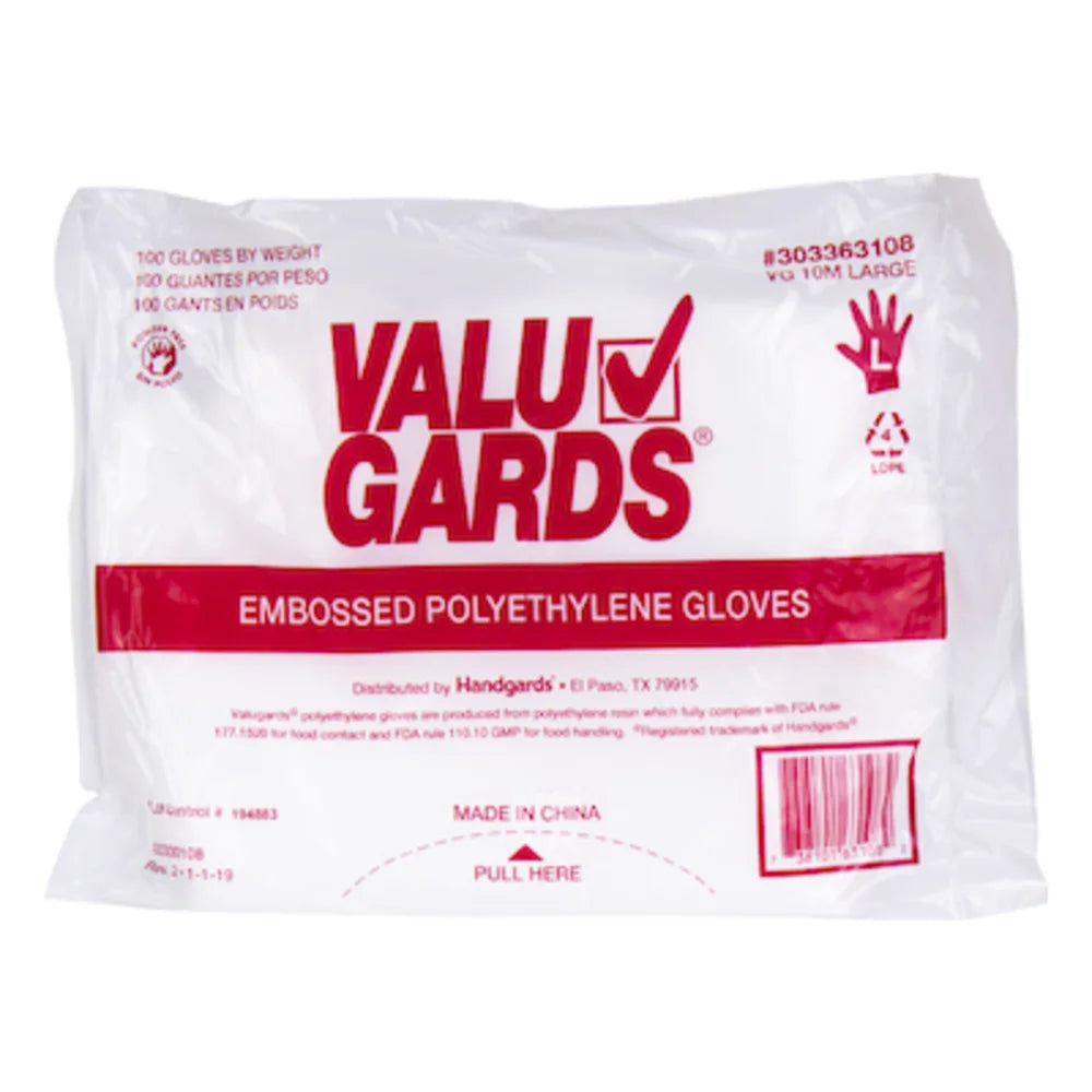 Valugards Clear Loose Fitting Embossed Powder Free Large Polyethylene Gloves, 100 Each — 10 Per Case