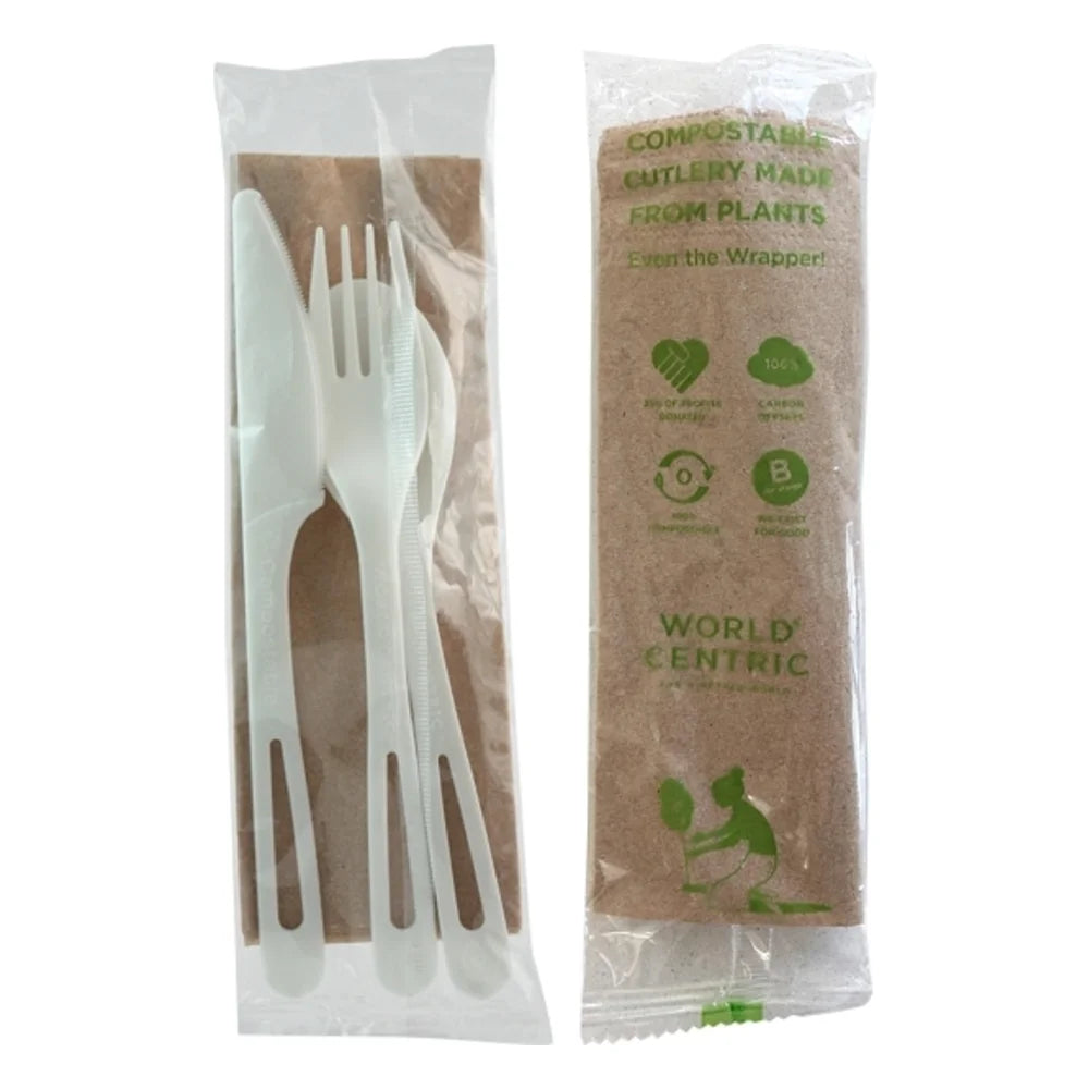 World Centric TPLA Compostable Corn Starch Individually Wrapped Knife, Fork, Spoon & Napkin Assorted Cutlery Kit — 250 Per Case