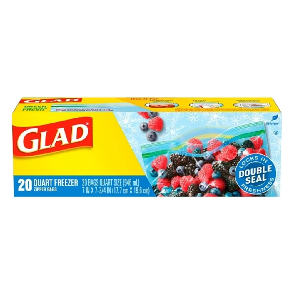 Glad Bags Freezer Zipper Quart, 20 Count — 12 Per Case