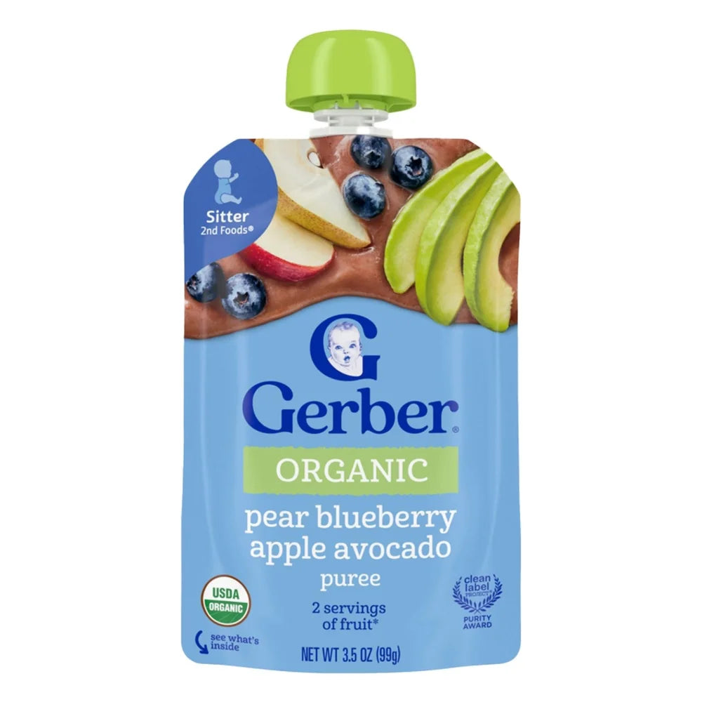 Gerber Pear Blueberry Apple Avocado Puree Baby Food Pouch, 3.5 Ounce — 12 Per Case