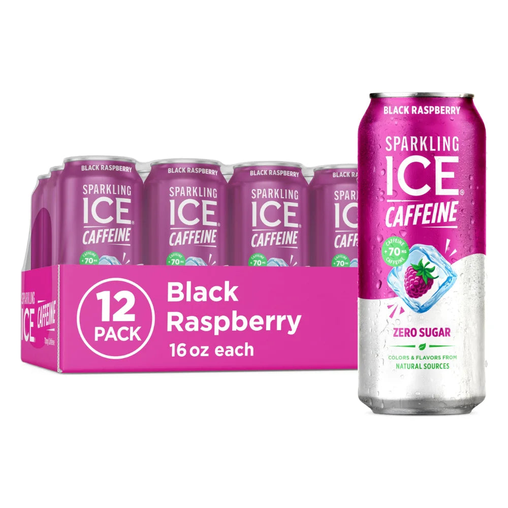 Sparkling Ice and Caffeine Black Raspberry Flavored Sparkling Water, 16 Fluid Ounce — 12 Per Case