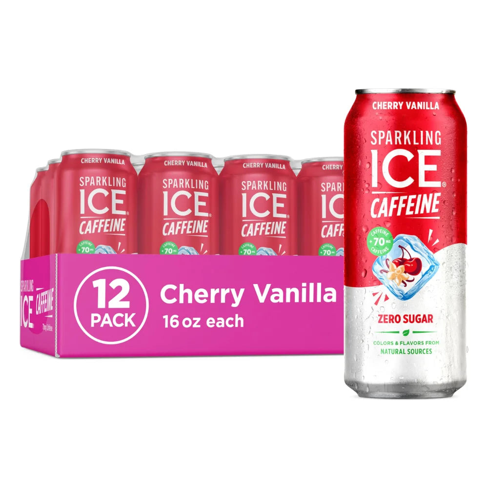 Sparkling Ice and Caffeine Plus Caffeine Cherry Vanilla Flavored Sparkling Water, 16 Fluid Ounce — 12 Per Case