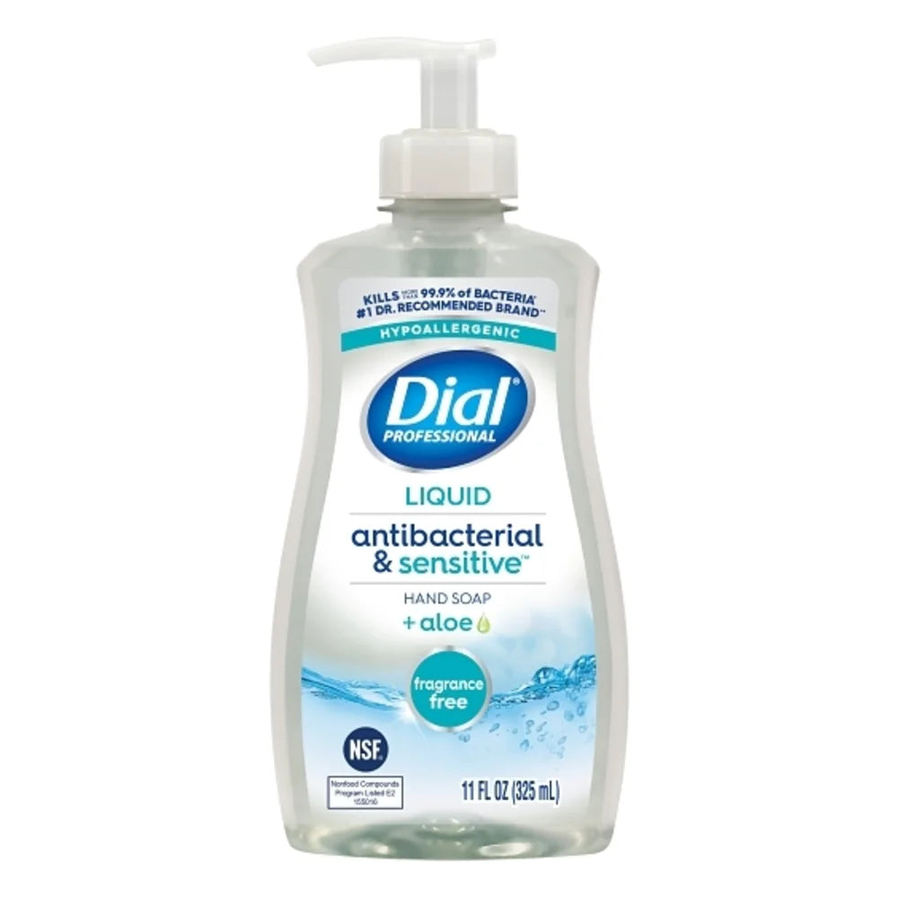 Dial Fragrance-Free Antibacterial & Sensitive Liquid Hand Soap With Aloe, 11 Fluid Ounce — 12 Per Case