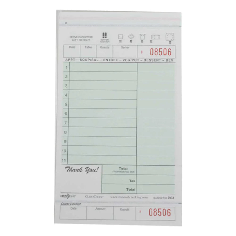 NCCO 4.25 Inch X 7.25 Inch 2 Part Green Carbonless 11 Line Guest Check, 2000 Each — 1 Per Case