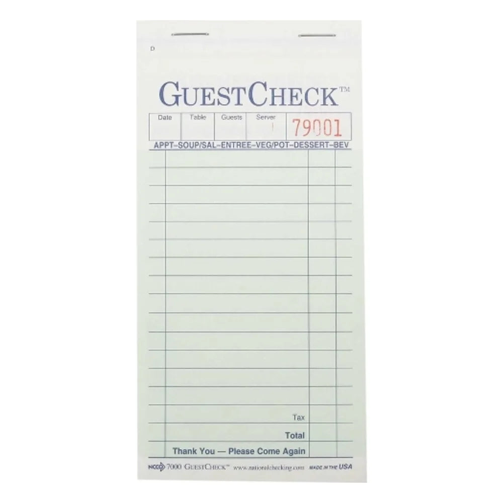 National Checking 2 Part 17 Line Board Green Guest Check — 1 Per Case