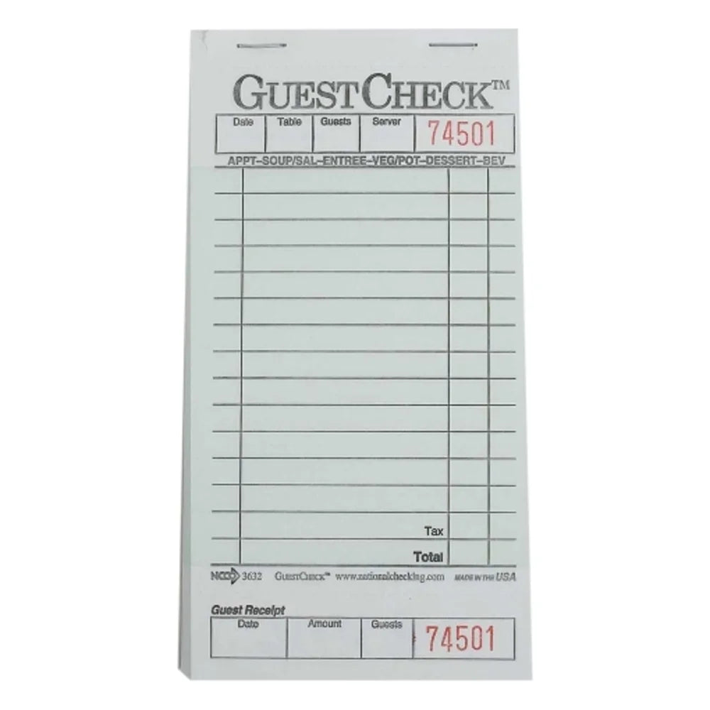 NCCO 3.5 Inch X 6.75 Inch 1 Part Green 15 Line Guest Check, 2500 Each — 1 Per Case