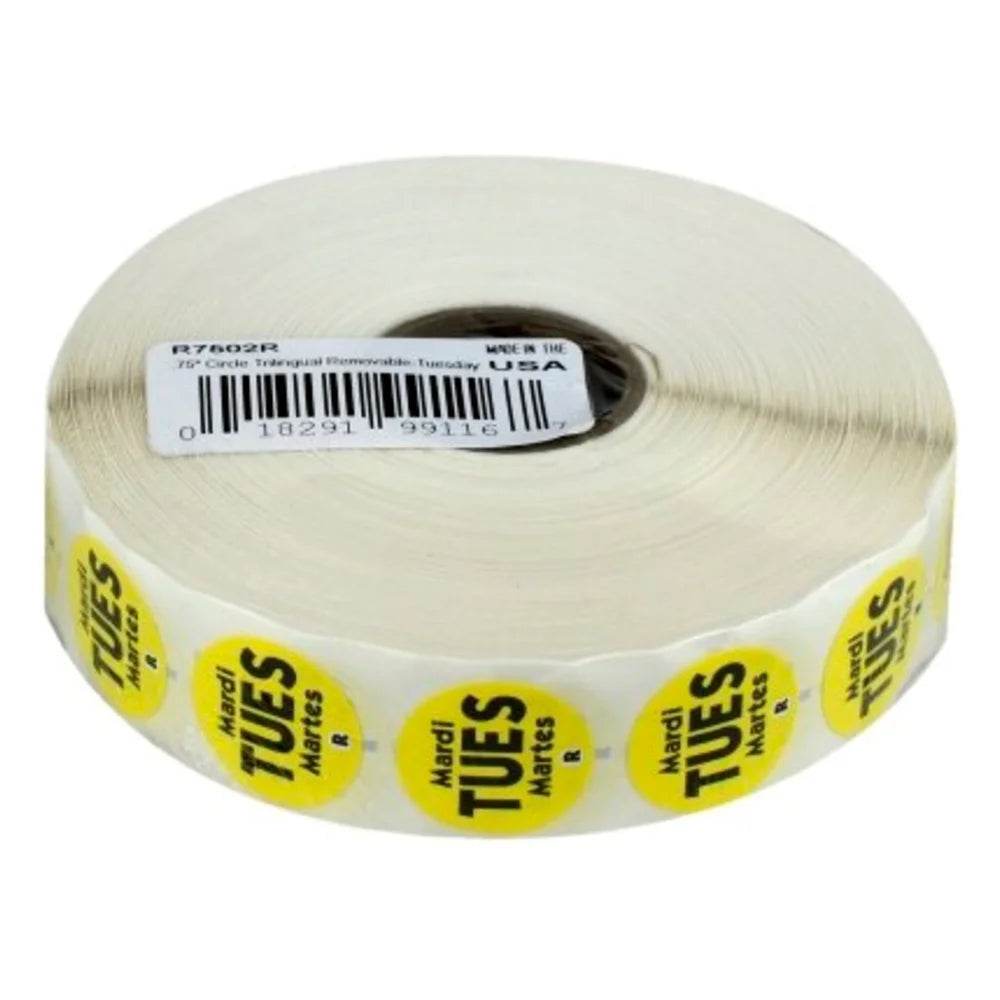 NCCO .75 Inch Circle Trilingual Removable Yellow Tuesday Label — 1 Per Case