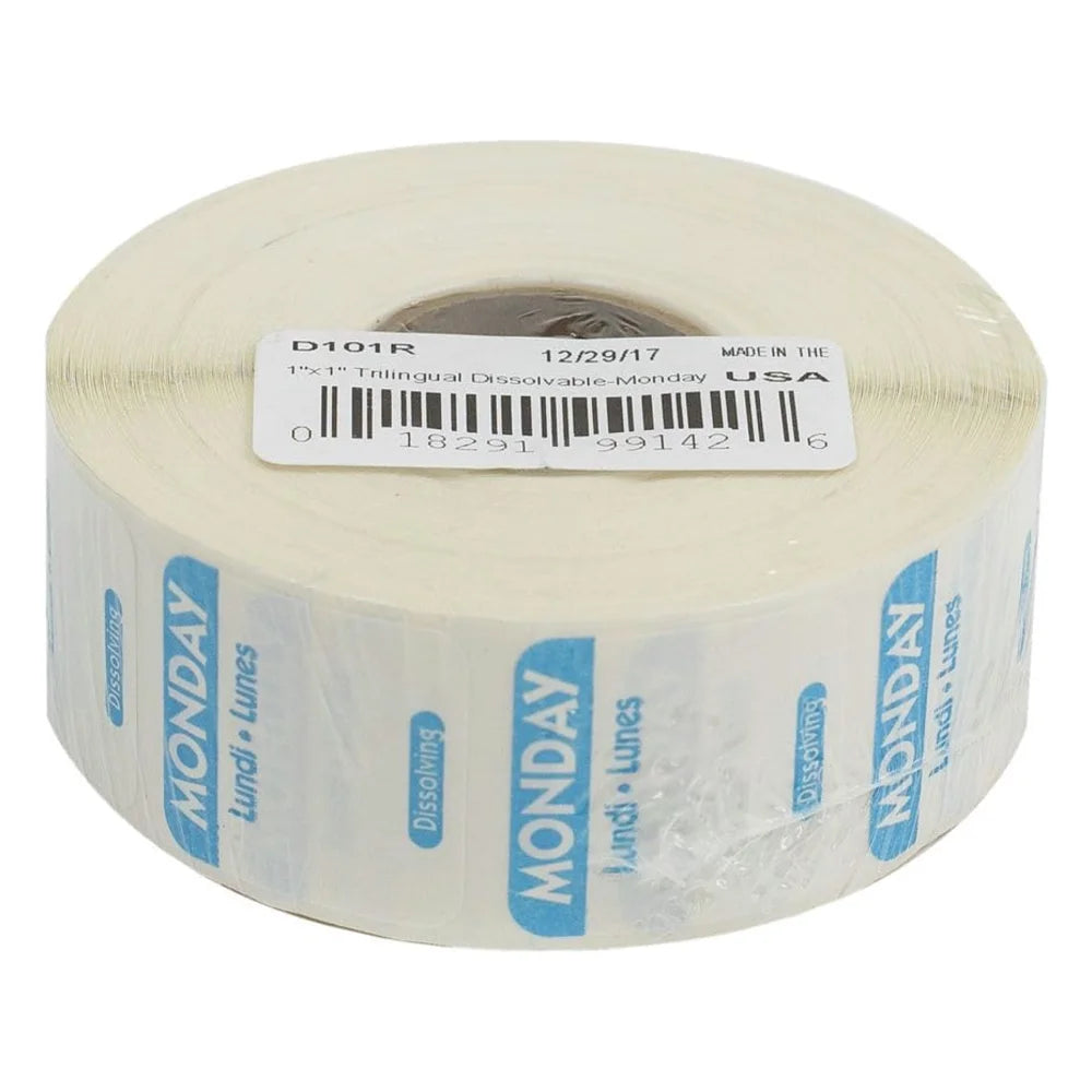 NCCO 1 Inch X 1 Inch Trilingual Blue Monday Dissolvable Label — 1 Per Case