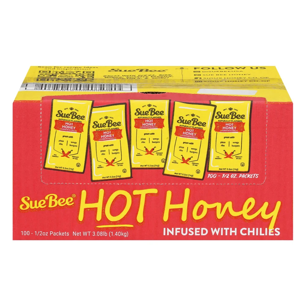 Sue Bee Hot Honey Single Serve Packets, 3.12 Pound — 1 Per Case