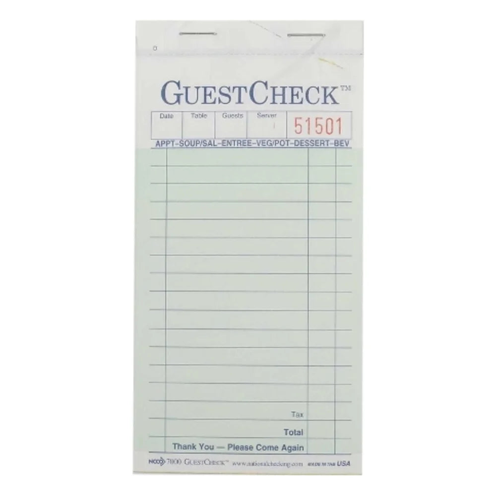 National Checking 3.5 Inch X 6.75 Inch 2 Part Carbonless Green Guest Check — 1 Per Case