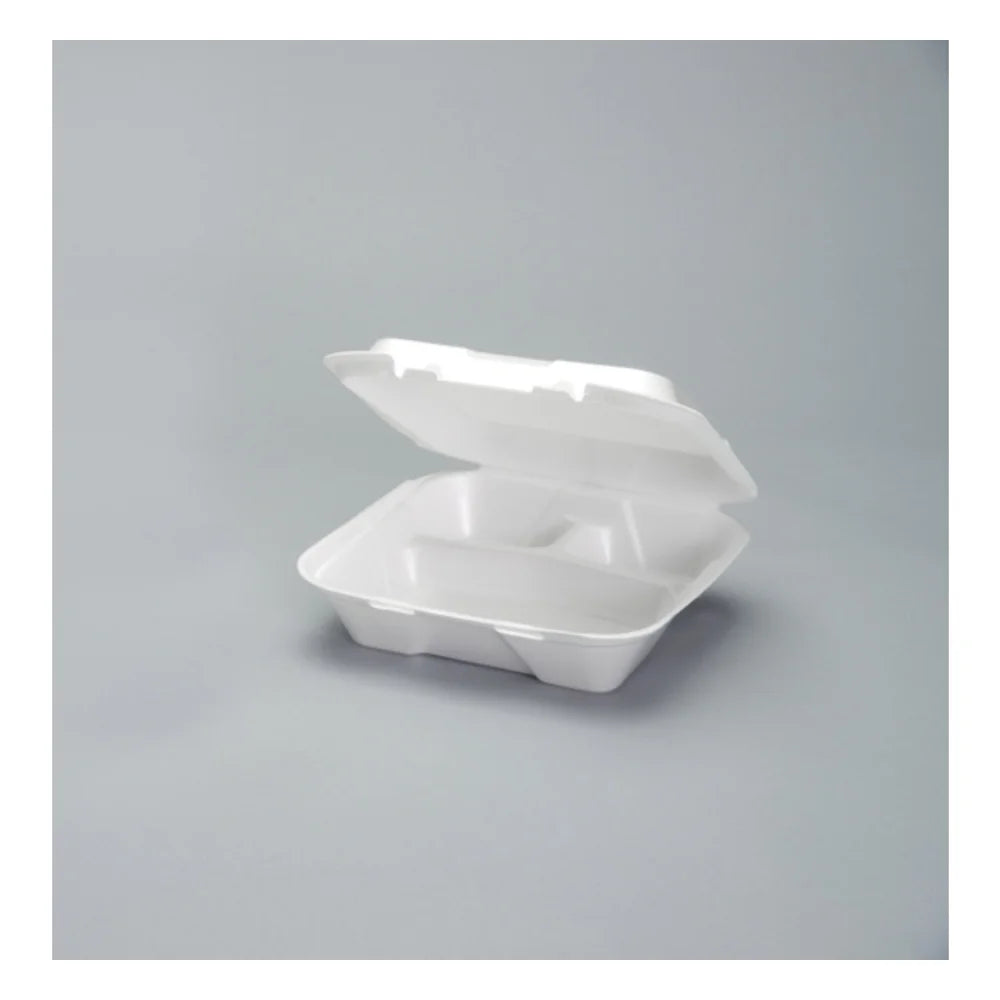 Genpak 9.25 Inch X 9.25 Inch X 3 Inch White Large 3 Compartment Snap It Foam Hinged Dinner Container — 200 Per Case