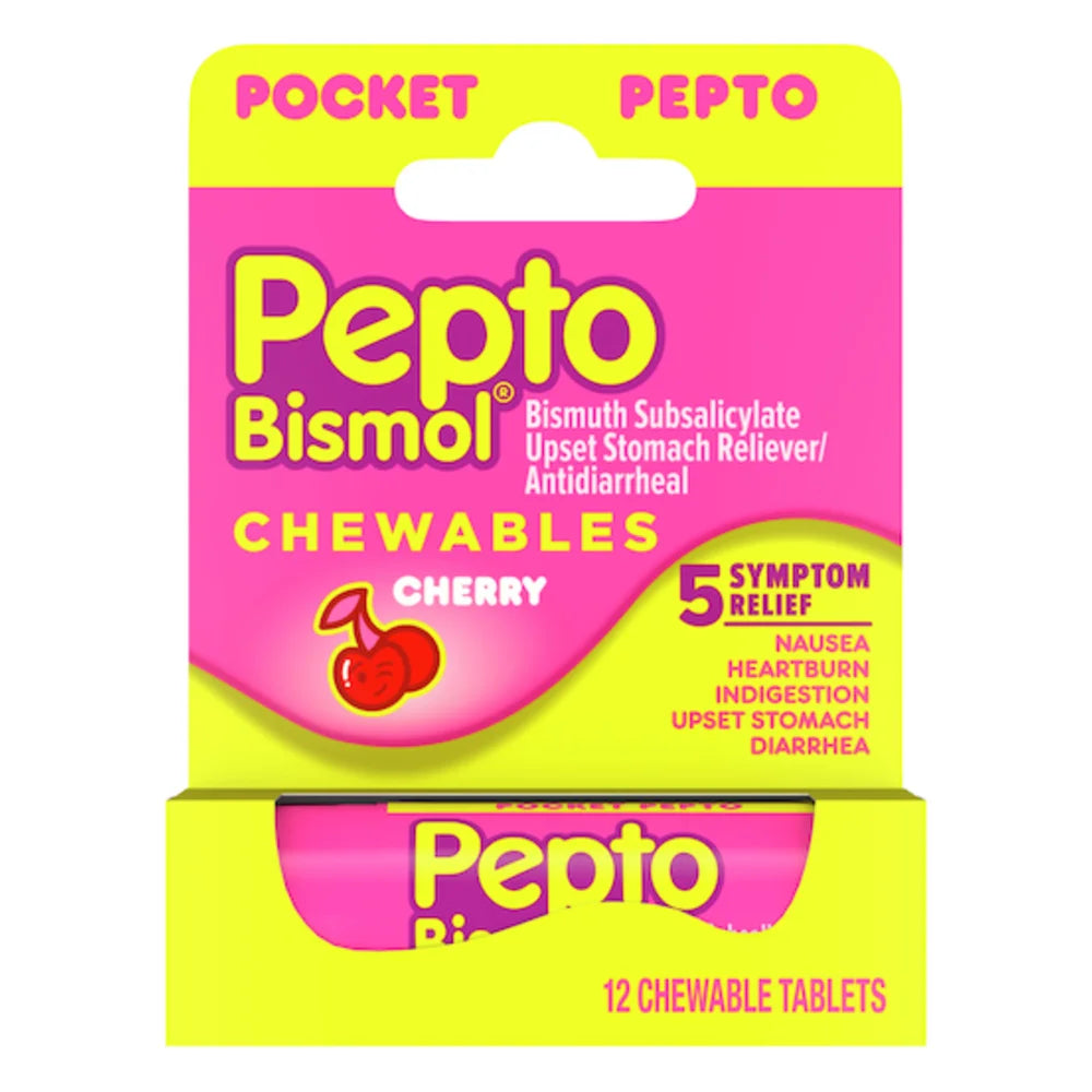 Pepto-Bismol Multi-Symptom Upset Stomach To Go Cherry Chewable Tablets, 12 Count — 24 Per Case