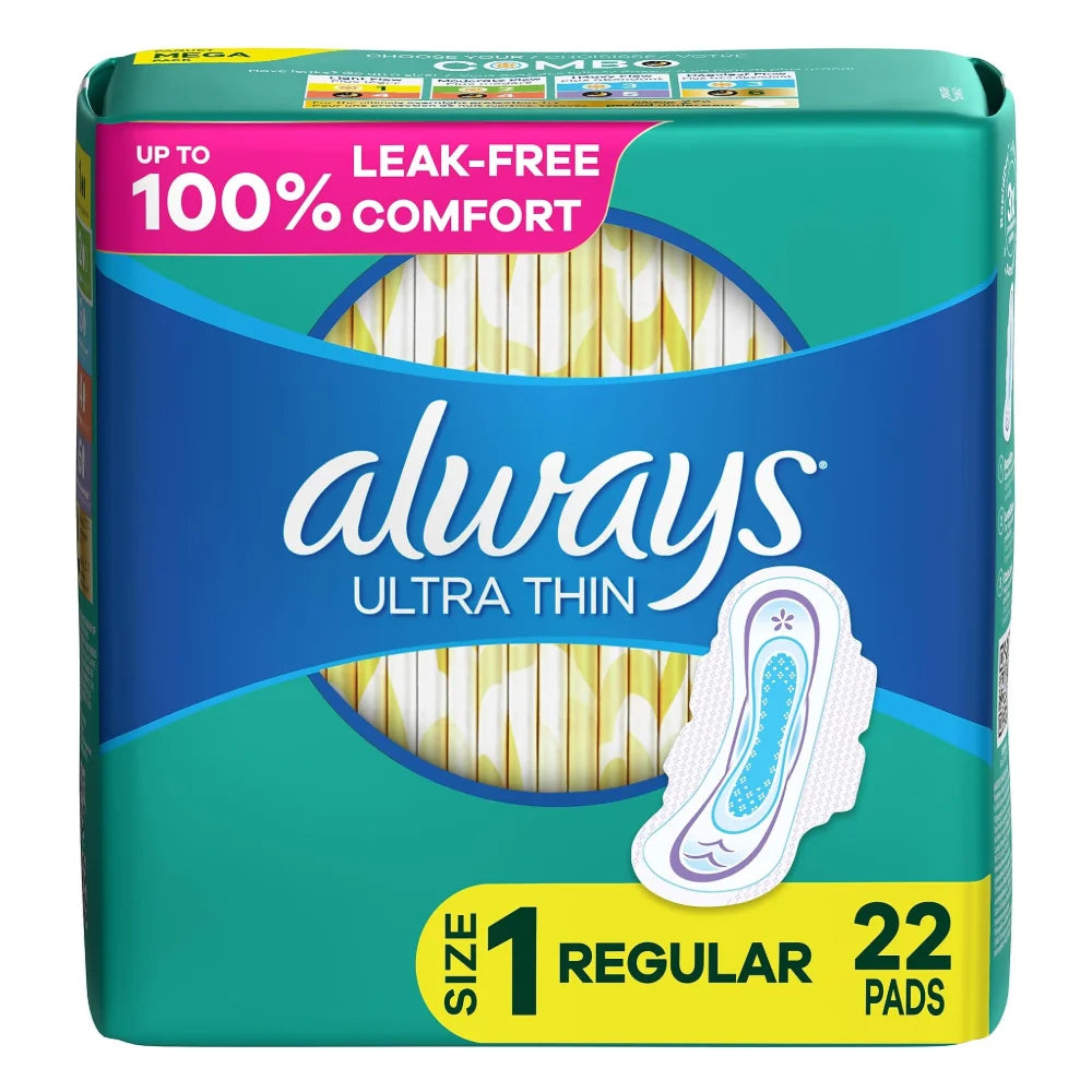 Always Ultra Thin Pads Regular/Normal Wing, 22 Count — 12 Per Case