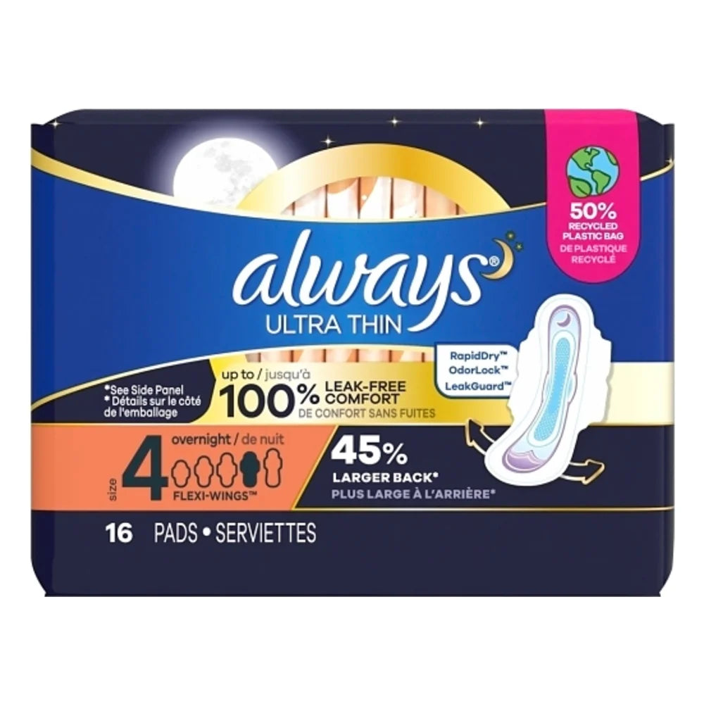 Always Ultra Thin Pads Overnight Wing, 16 Count — 12 Per Case