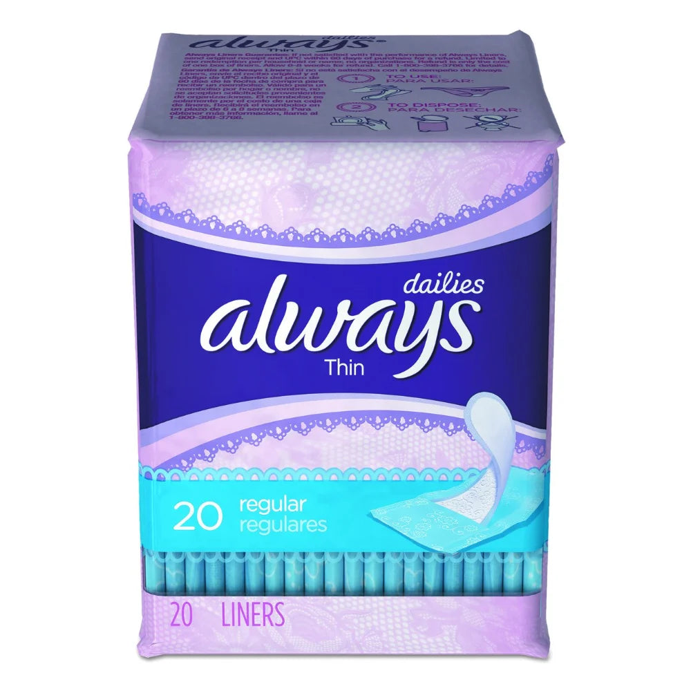 Always Regular Thin Pantiliner Unscented, 20 Count — 24 Per Case