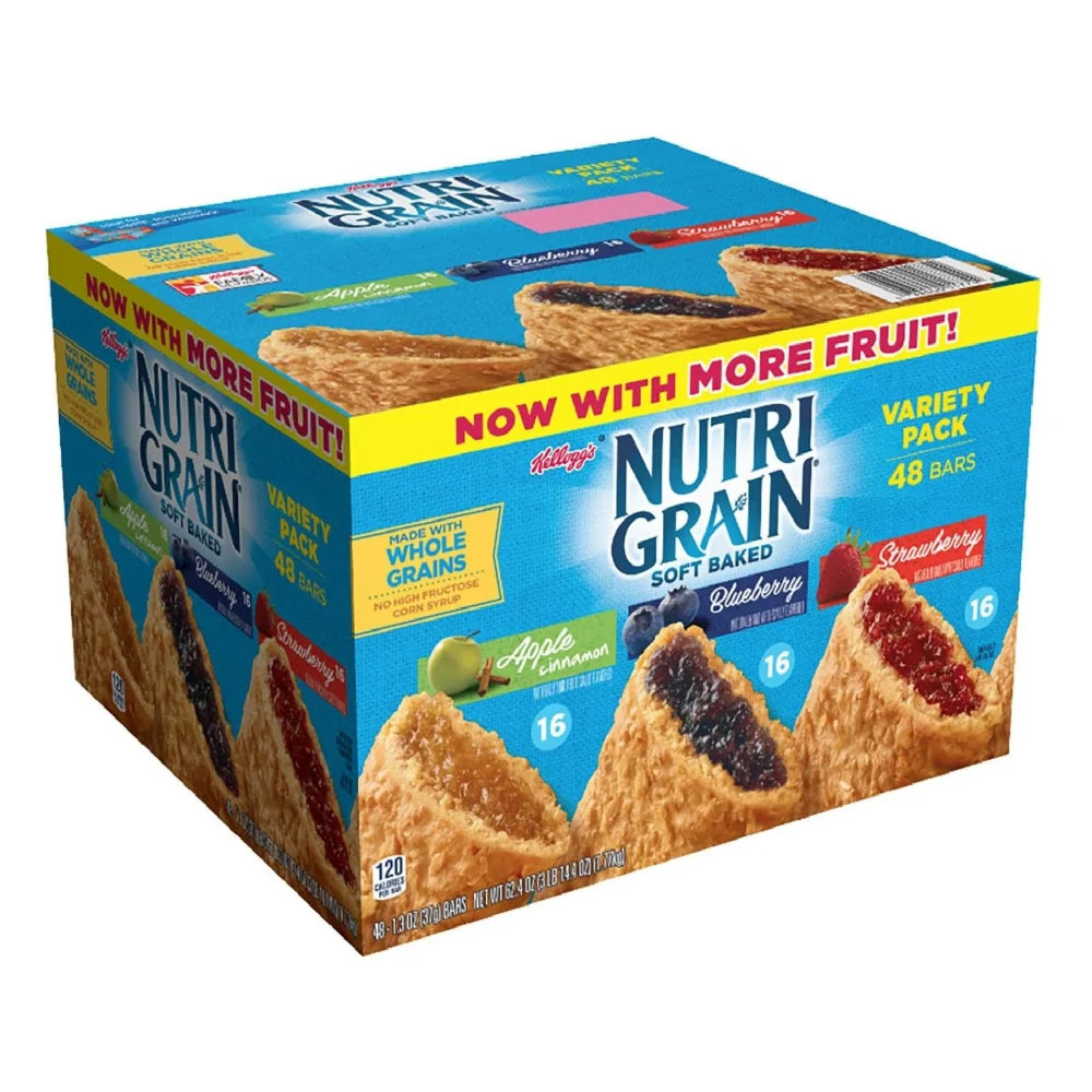 Kellogg's Assortment Pack Nutri-Grain Strawberry, Blueberry, Apple Cereal Bar, 1.3 Ounce — 48 Per Case