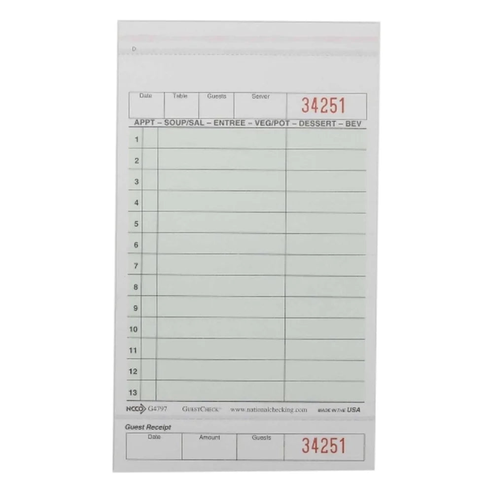 NCCO National Checking 4.25 Inch X 7.25 Inch 2 Part Green Tint Carbonless 13 Line Guest Check — 1 Per Case
