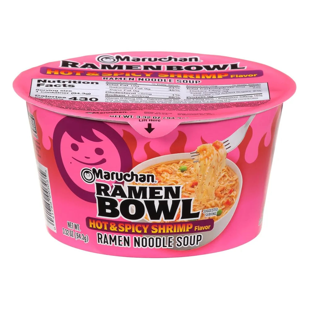 Maruchan Hot & Spicy Shrimp Flavor Ramen Noodle Soup, 3.32 Ounce — 6 Per Case
