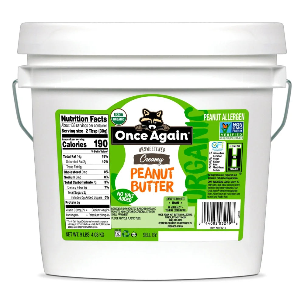 Once Again Nut Butter Organic Smooth No Salt Peanut Butter, 9 Pound — 1 Per Case