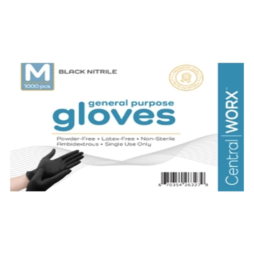 Central Worx Nitrile Black Gloves, Medium — 1000 Per Case
