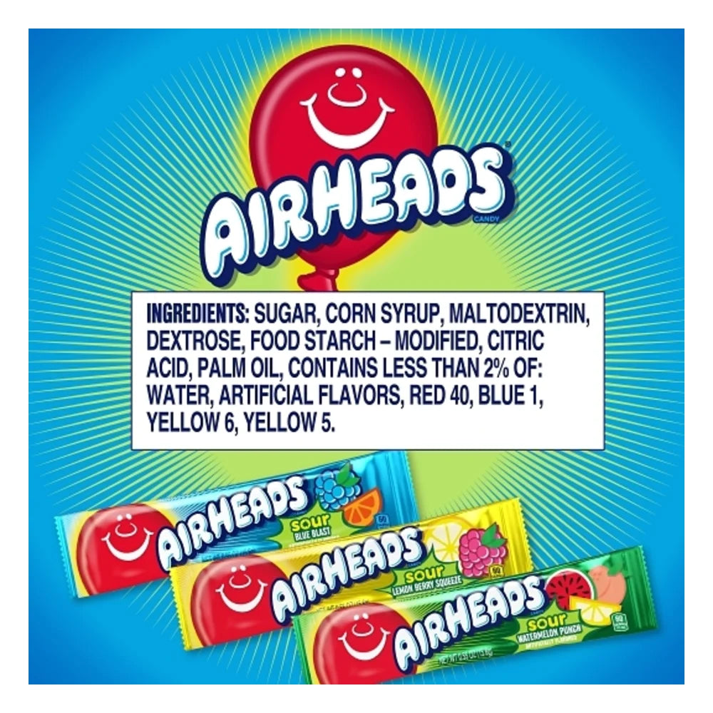 Airheads Assorted Flavors Individually Wrapped Full-Sized Candy Bars, 2.75 Ounce — 144 Per Case