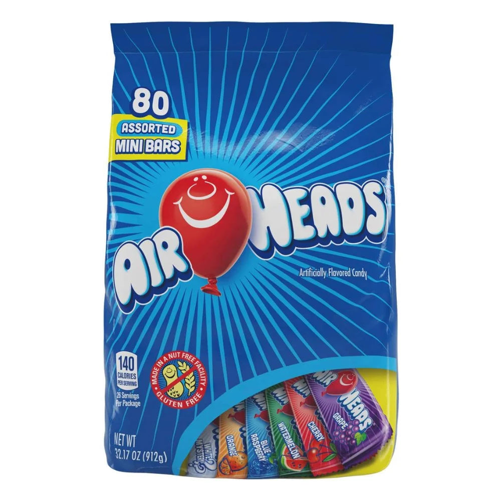 Airheads Mini Assorted Flavor Grape Orange Cherry White Mystery Blue Raspberry And Watermelon, 32.17 Ounce — 4 Per Case