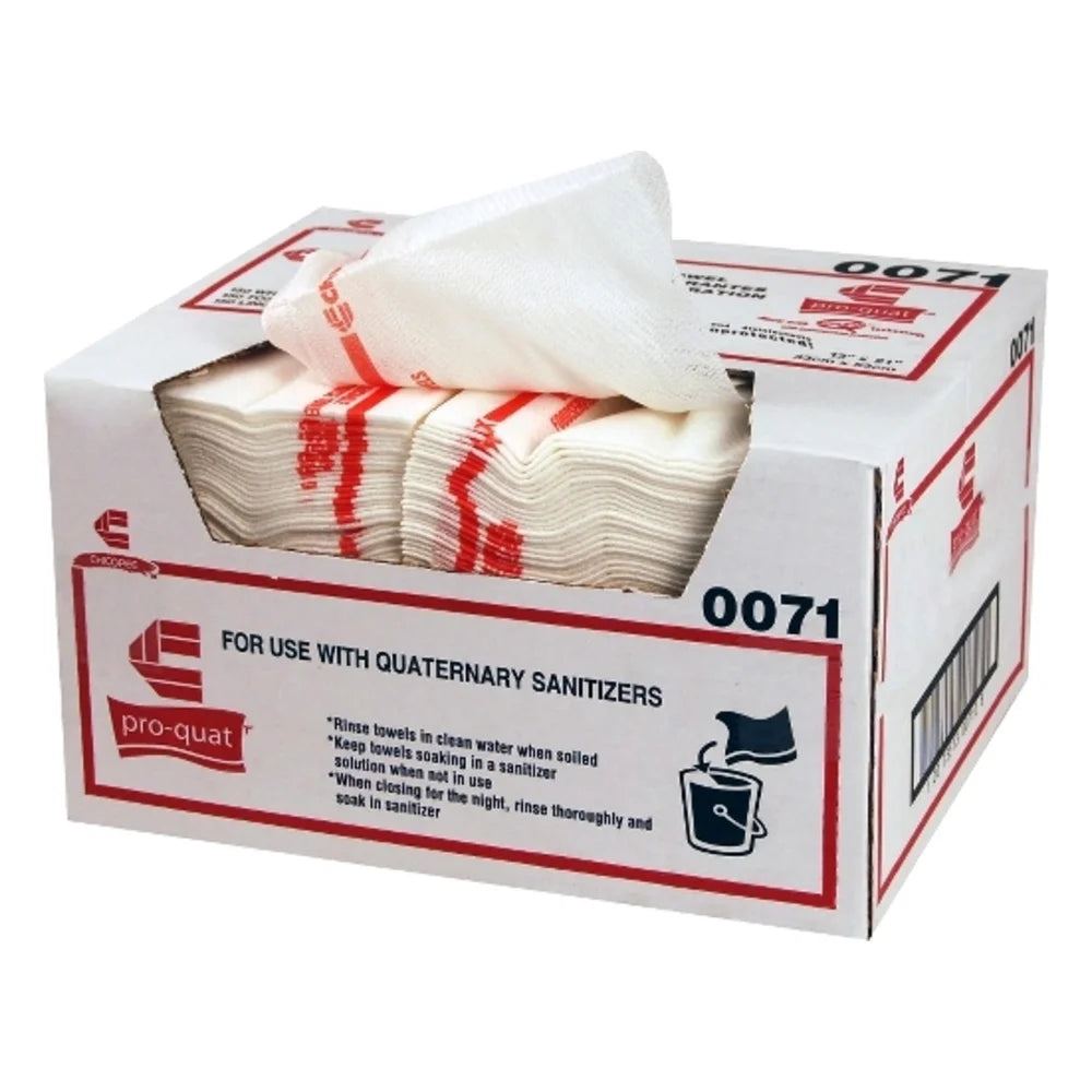 Chicopee Chix Pro-Quat Foodservice Medium-Heavy Duty Towel White With Red Print, 13" X 21" — 150 Per Case
