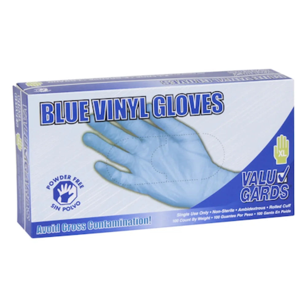 Valugards Vinyl Blue Form-Fitting Powder Free Extra Large Glove — 1000 Per Case