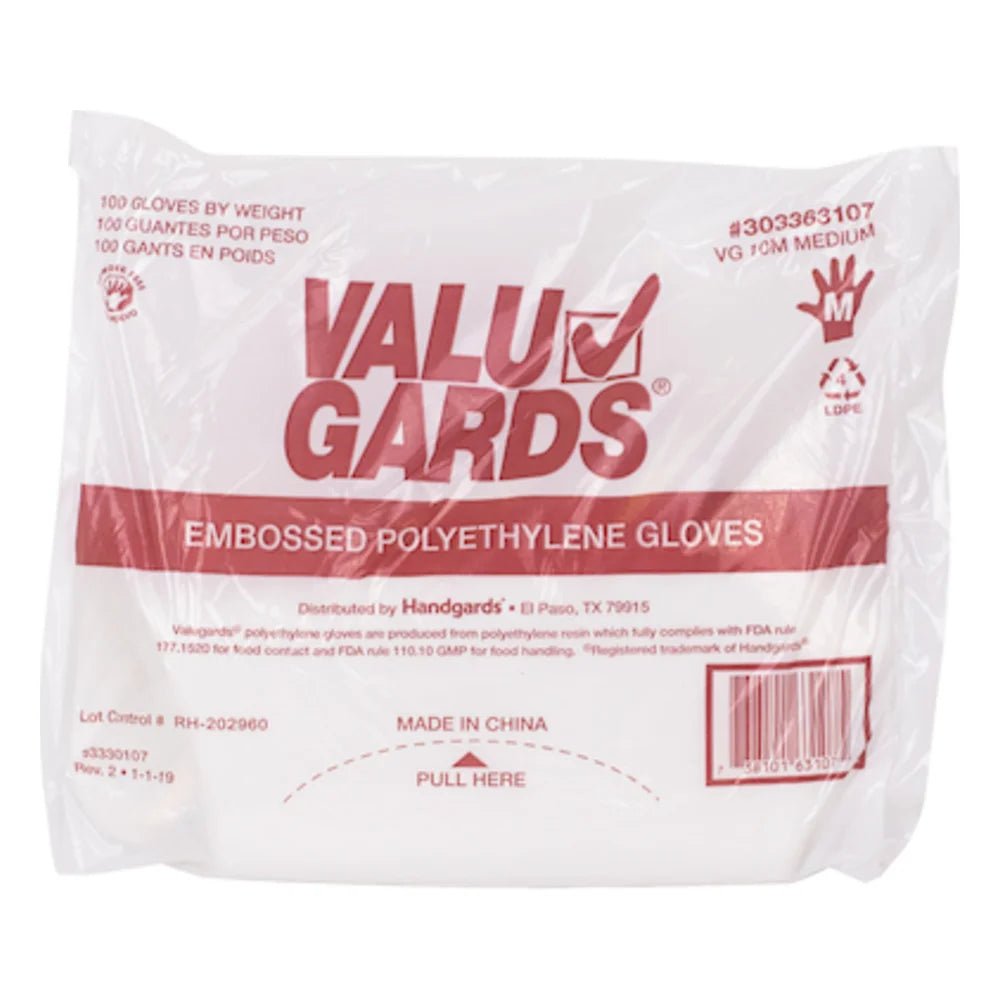 Valugards Polyethylene Clear Loose Fitting Embossed Powder Free Medium Glove — 10 Per Case
