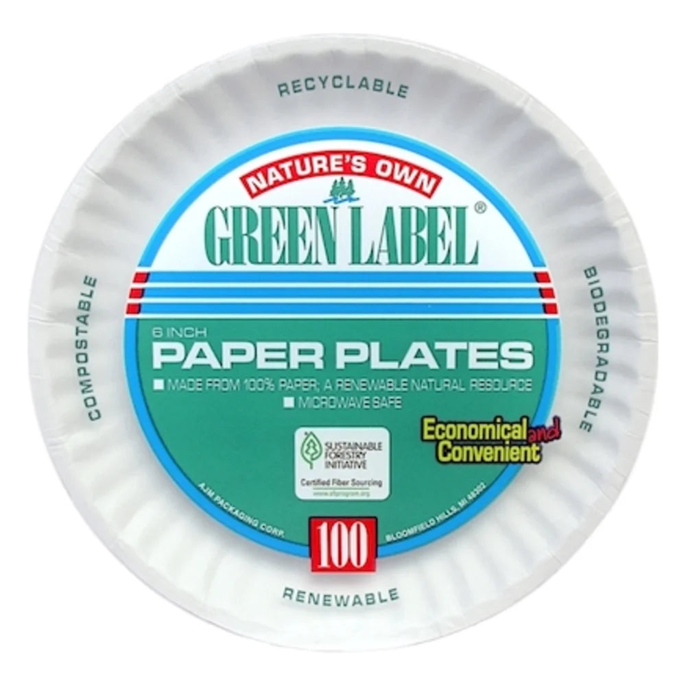 AJM Green Label 6 Inch Paper Plate, 100 Count — 10 Per Case