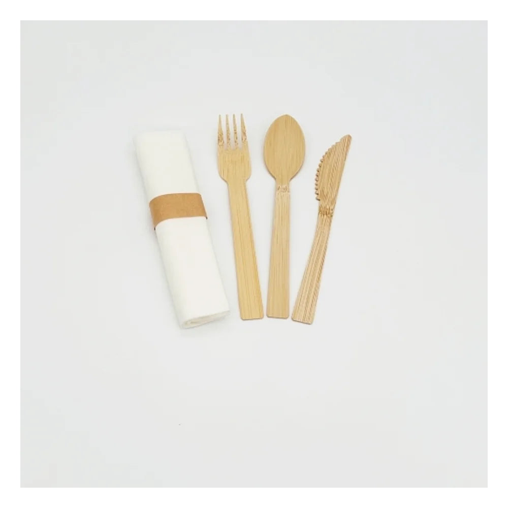 VerTerra Bamboo Cutlery Kit - Fork, Knife Spoon, Napkin — 200 Per Case