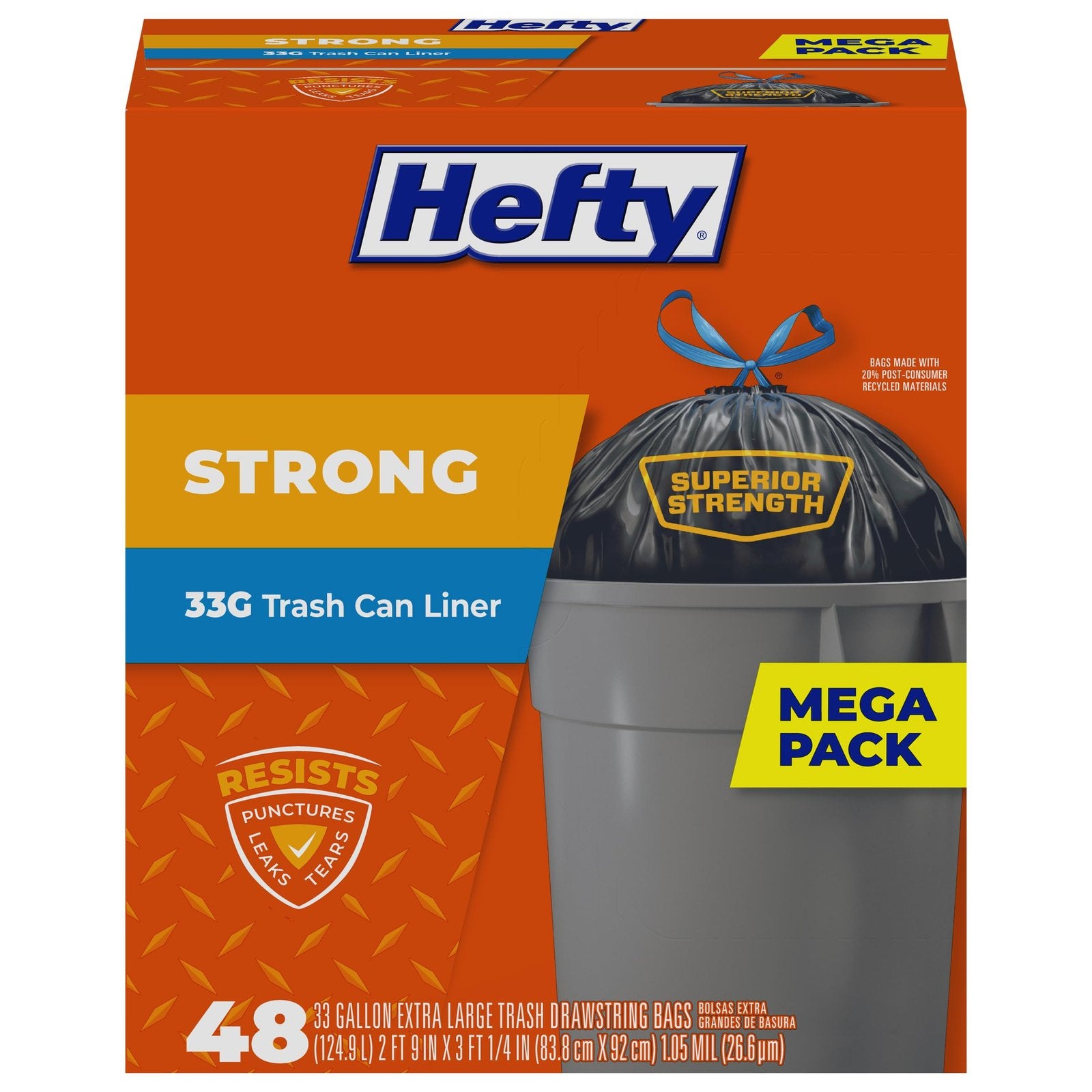 Hefty Strong Trash Bags Extra Large Black (33 gal, 48 Count)/6pk