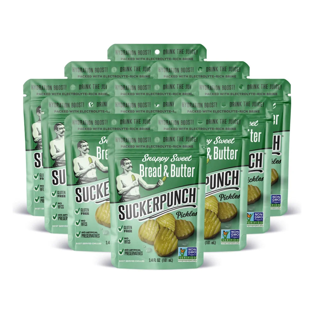 Suckerpunch Gourmet Bread & Butter Pickle Chips Single Serve Pouches, 3.4 Fluid Ounce — 12 Per Case