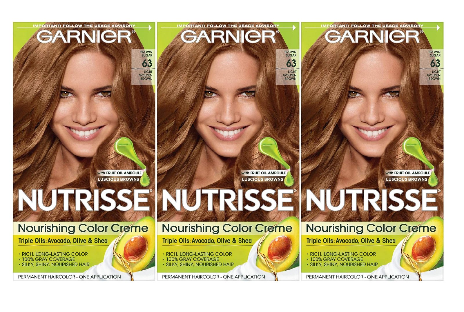 Garnier Nutrisse Hair Color, 63 Light Golden Brown (3 Pack)/12pk