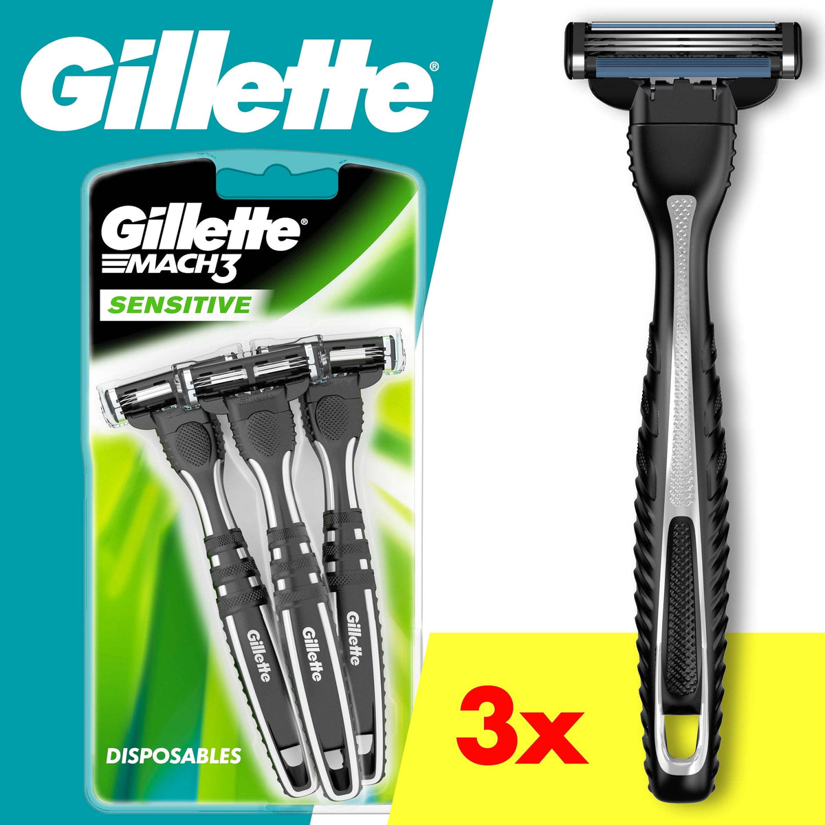 Gillette Mach3 Sensitive Disposable Razors, 3 ct — 12 Per Case