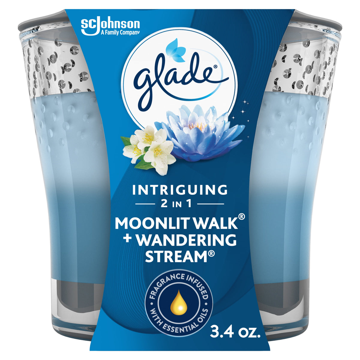 Glade 2 in 1 Spun Candle Moonlit Walk + Wandering Stream, 3.4 oz — 6 Per Case