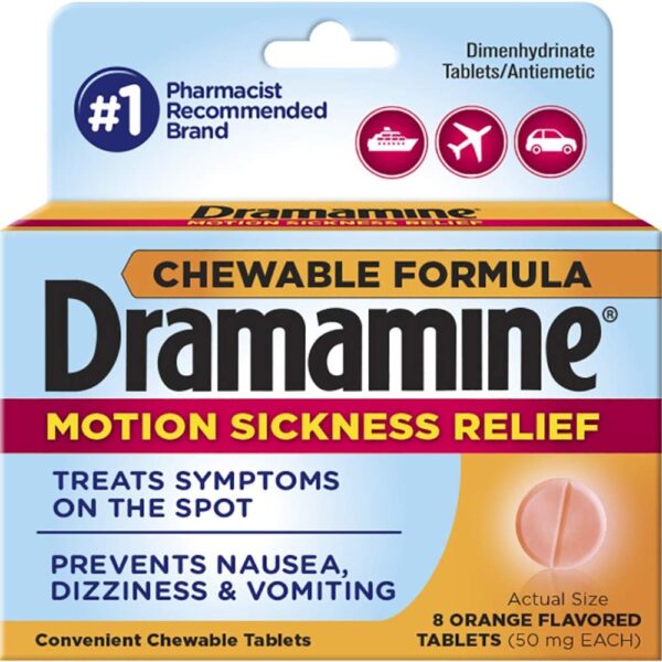Dramamine Chewable Motion Sickness Tablets Orange (8 ct, 2-pack)/24pk