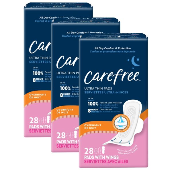Carefree Ultra Thin Pads with Wings Overnight (28 Count, 3 Pack)/3pk