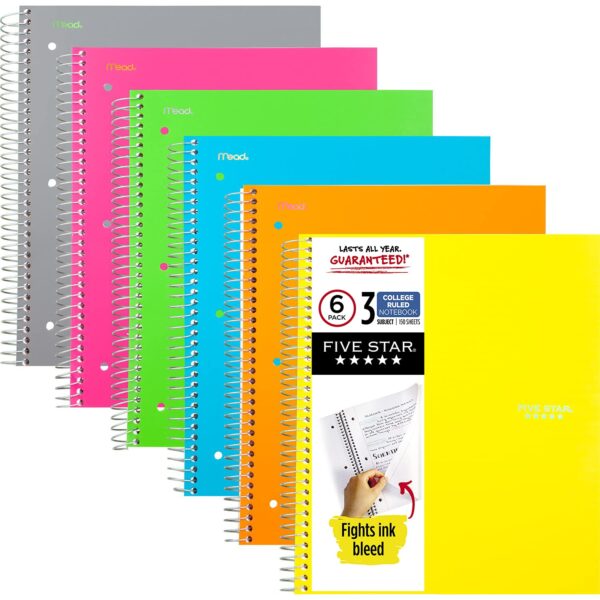 Five Star Spiral Notebooks, 3 Subject (6 Pack)/6pk