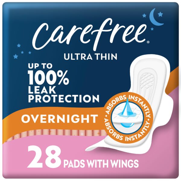 Carefree Ultra Thin Pads with Wings Overnight (28 Count)/3pk